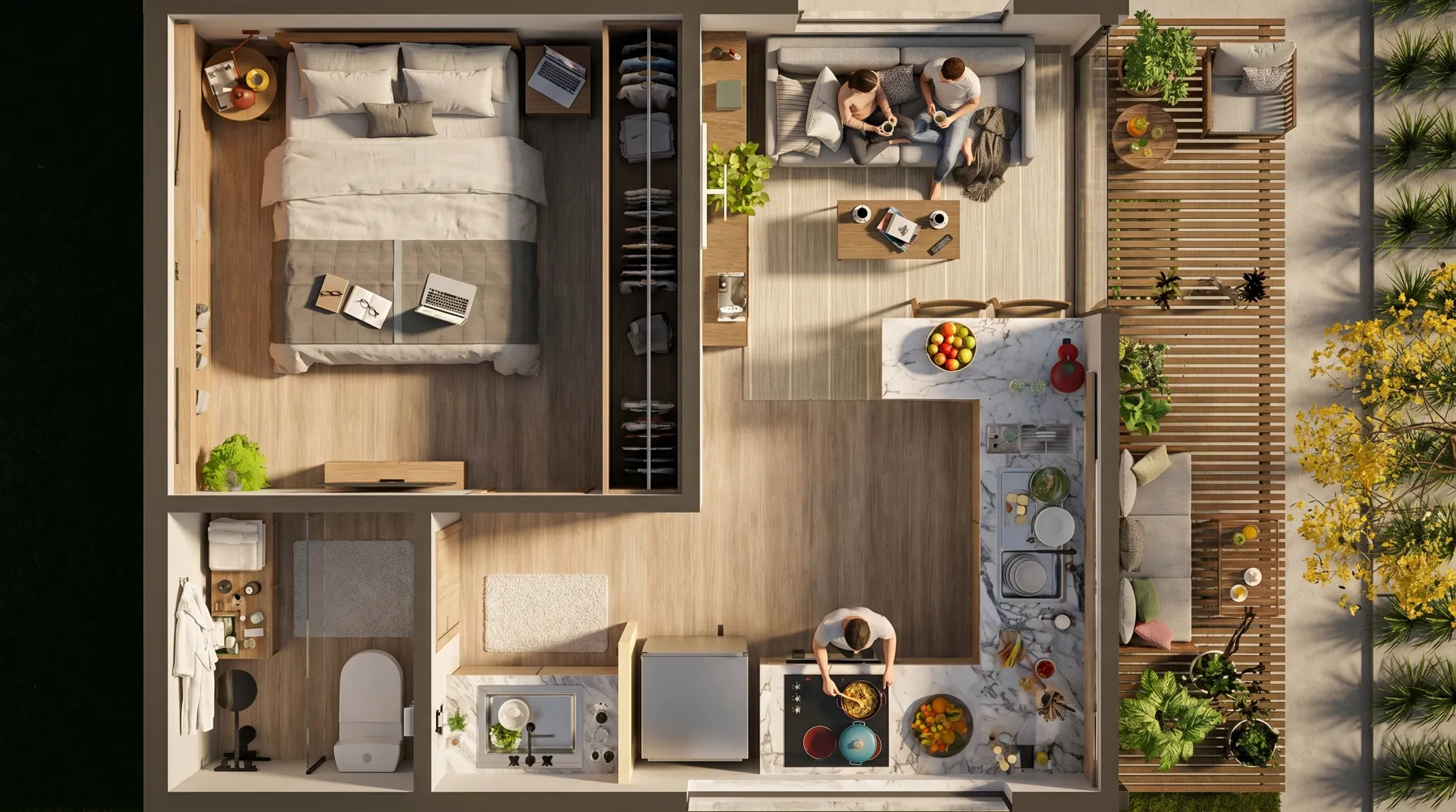 Planta humanizada do estúdio de 24 m², com quarto, estar, copa, banheiro e varanda